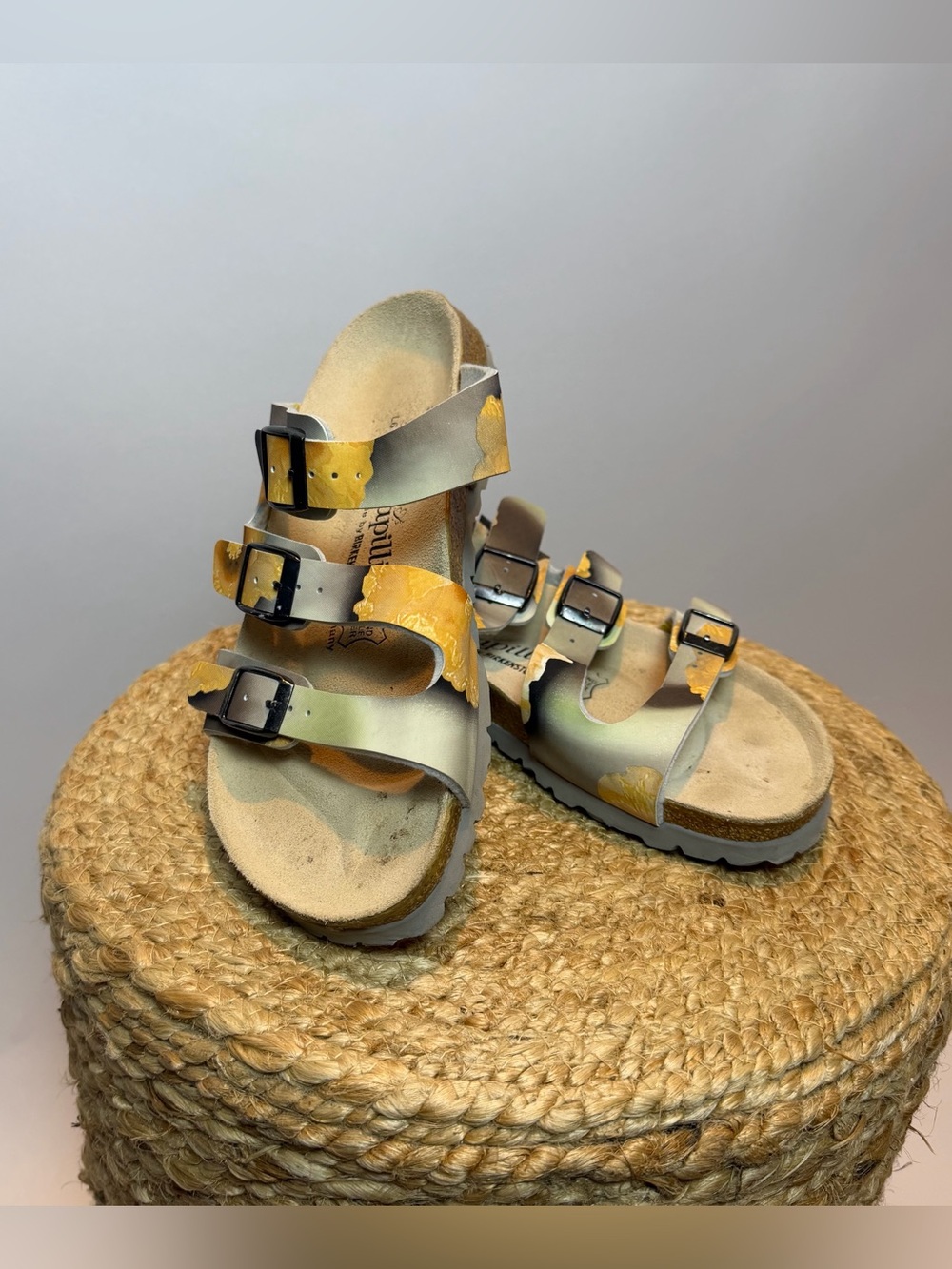 Papillio Women's Triple-Strap Floral Yellow & Silver Sandals